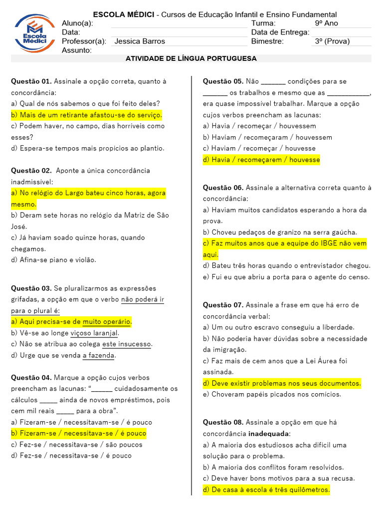 Exercícios de Concordância 9º Ano | PDF
