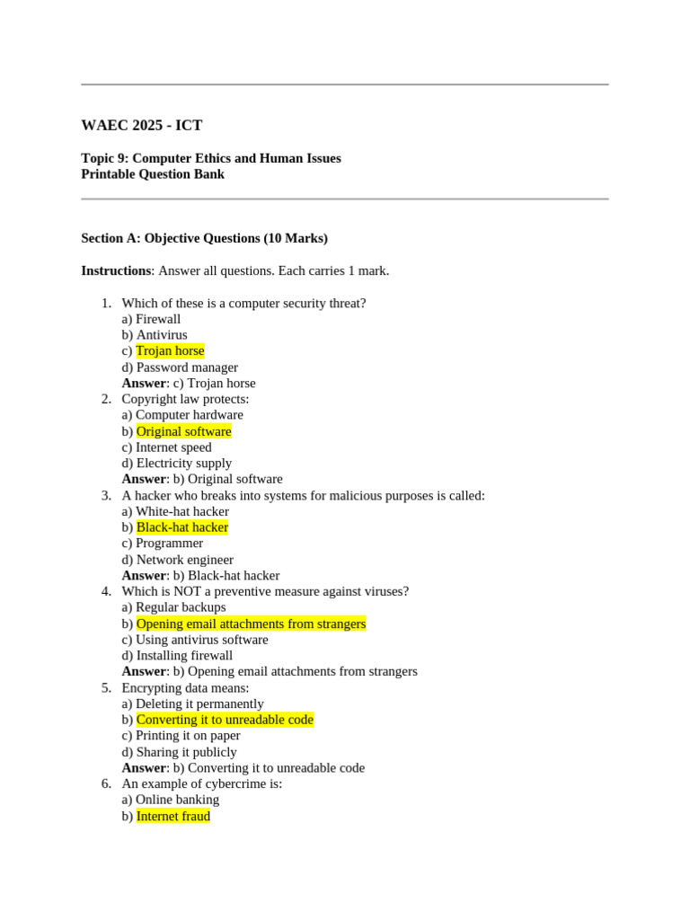 WAEC Computer Studies Topic 9 | PDF | Malware | Computer Virus