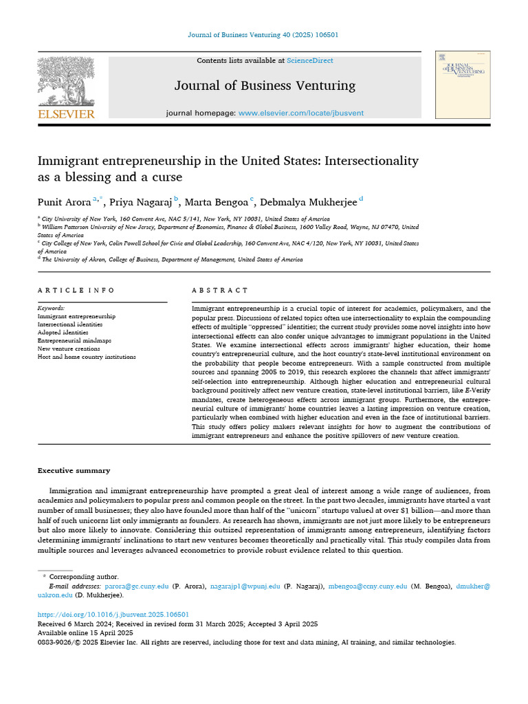 Immigrant Entrepreneurship in The United States: Intersectionality As A ...