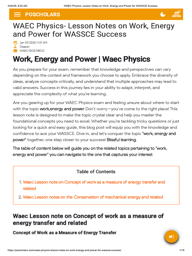 WAEC Physics: Work, Energy & Power Notes | PDF | Machines | Potential ...