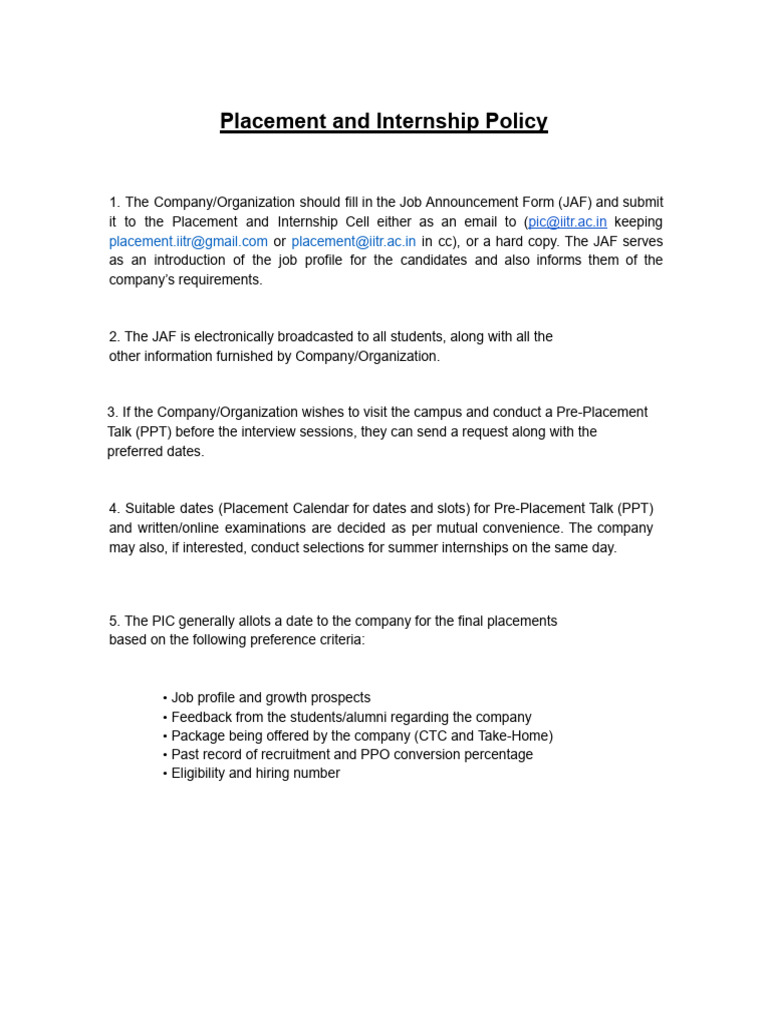 IIT Roorkee Placement Policy 2025 | PDF