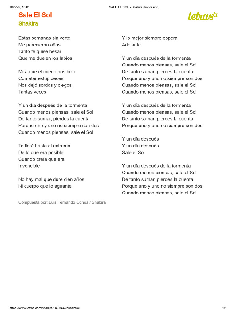 SALE EL SOL - Shakira (Impresión) | PDF