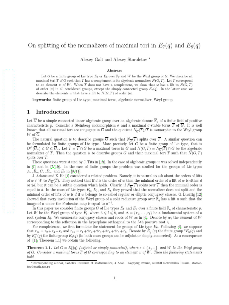 Maximal Tori in E7 and E8 Groups | PDF | Group (Mathematics) | Geometry