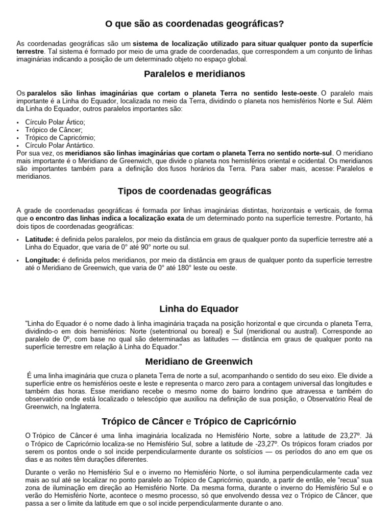 Definição de Coordenadas Geográficas | PDF | Trópicos | Geociências