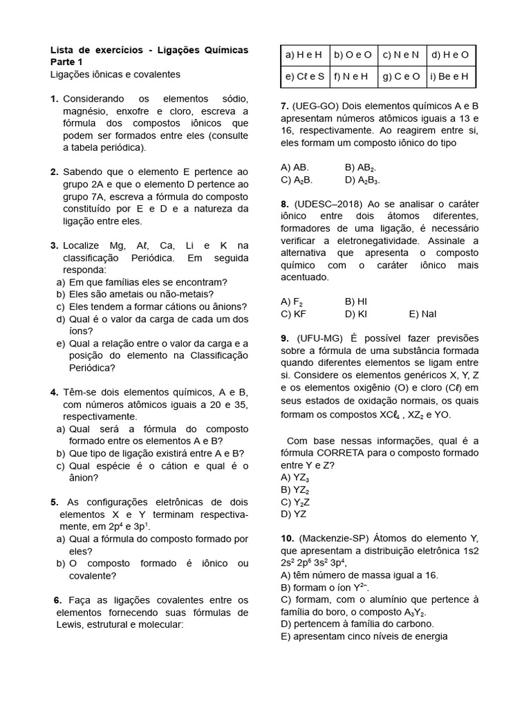 Exercícios sobre Ligações Químicas | PDF | Ligação iônica | Ligação química