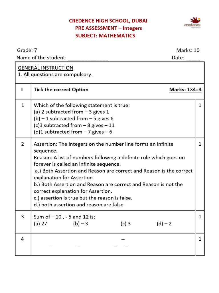 Class 7 Math: Integers Worksheet | PDF