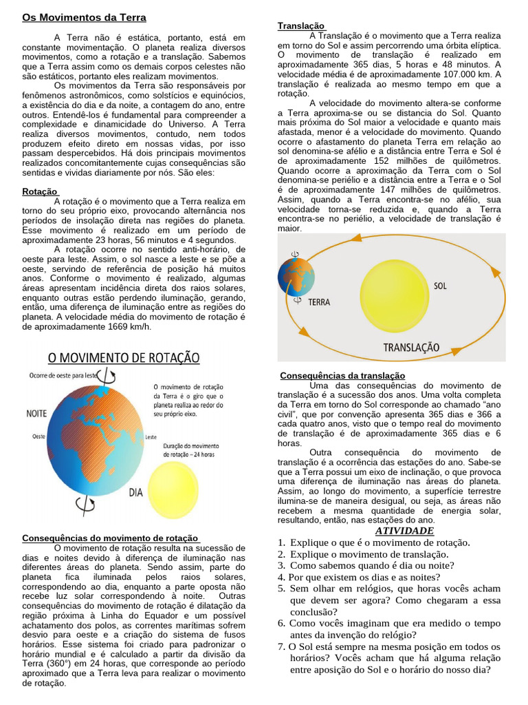 Movimentos da Terra: Rotação e Translação | PDF | Terra | Sol