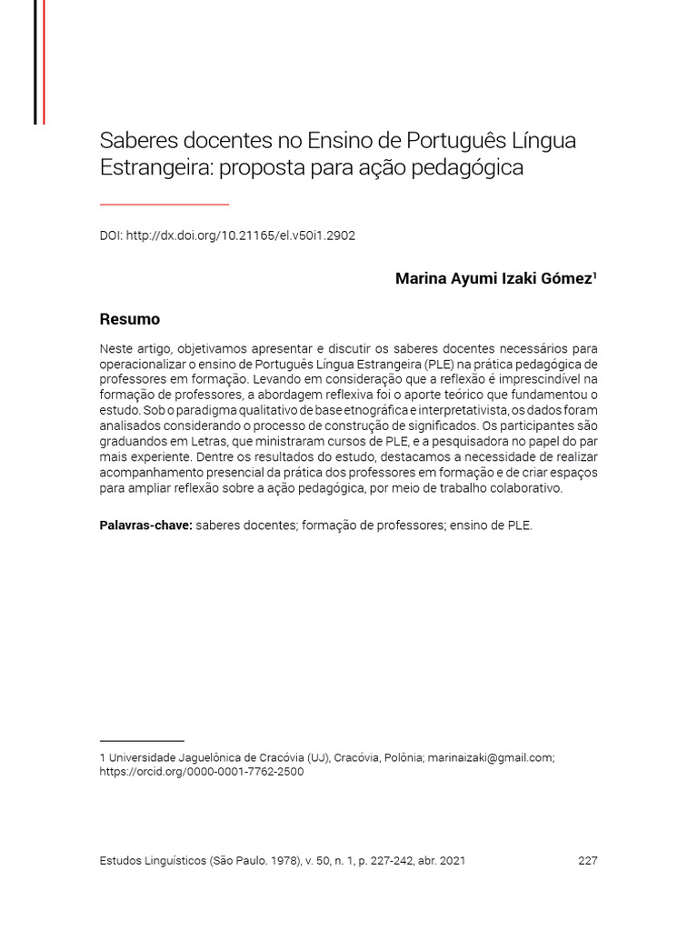 Saberes Docentes no Ensino de PLE | PDF | Pedagogia | Aprendizado
