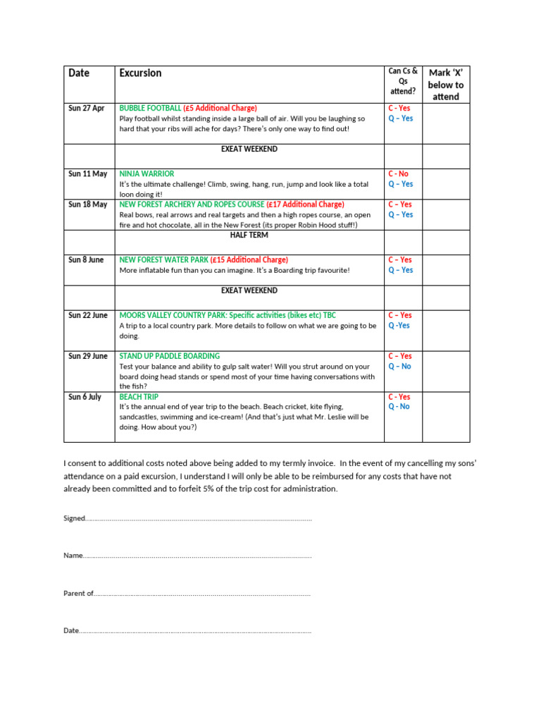 Quirister School Excursion Schedule | PDF