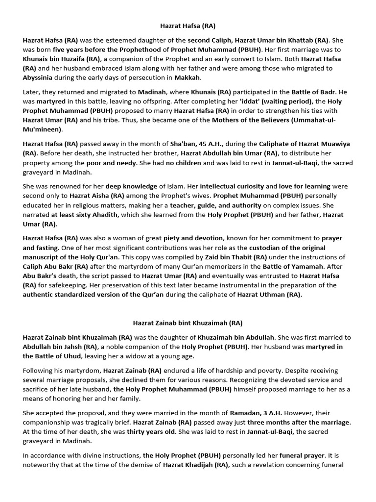 Life of Hazrat Hafsa and Zainab (RA) | PDF | Muhammad | Umar