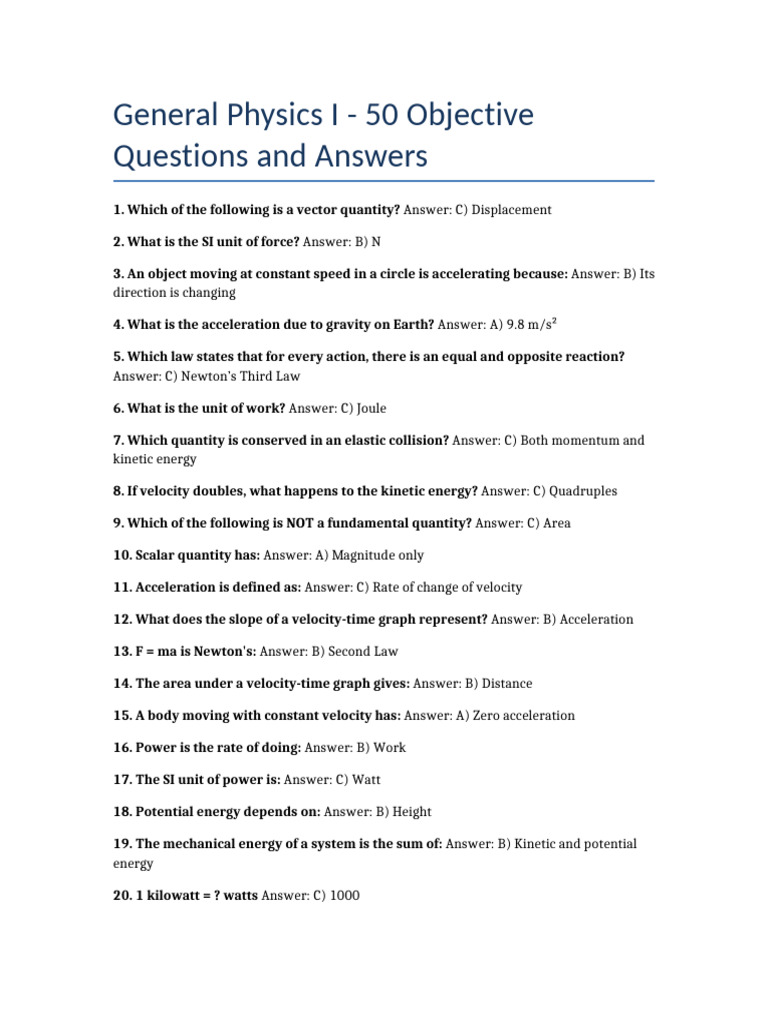 General Physics I: 50 Q&A Guide | PDF | Velocity | Acceleration