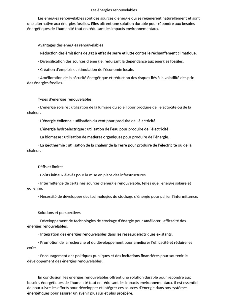 Avantages et défis des énergies renouvelables | PDF