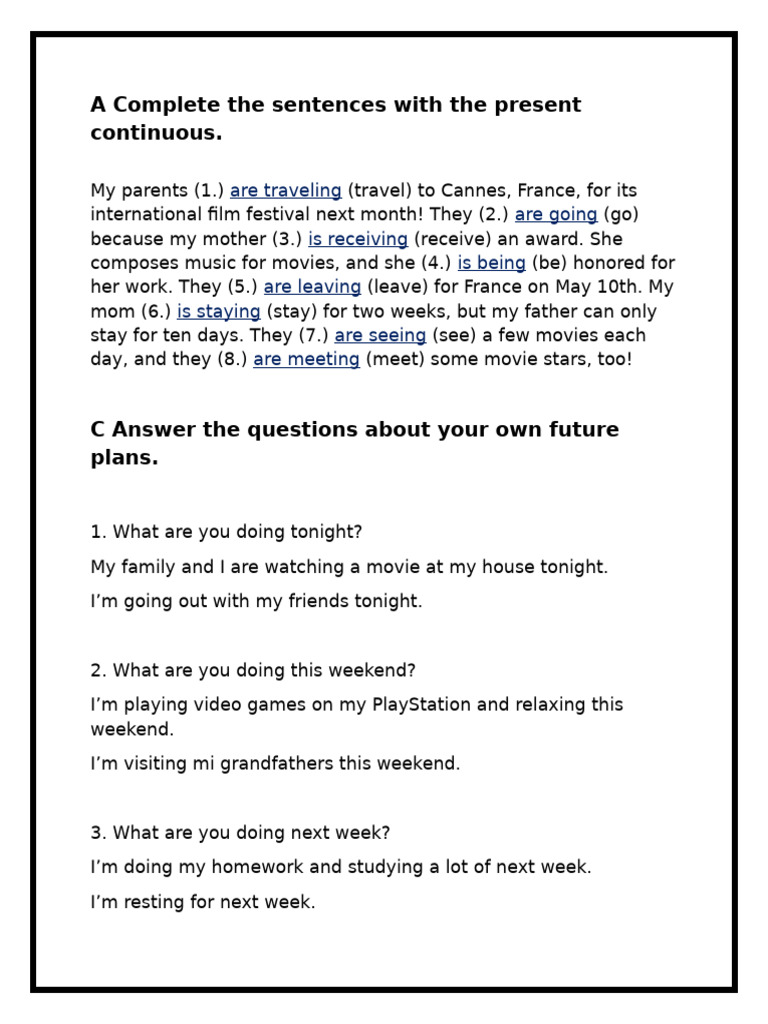A Complete The Sentences With The Present Continuous | PDF