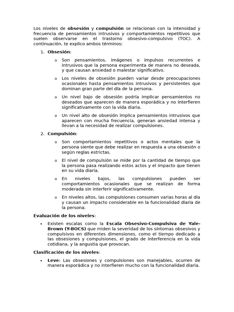 Niveles de Obsesión y Compulsión en TOC | PDF | Desorden obsesivo ...