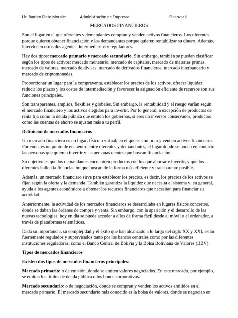 Tipos y Funciones de los Mercados Financieros | PDF | Mercado (economía ...