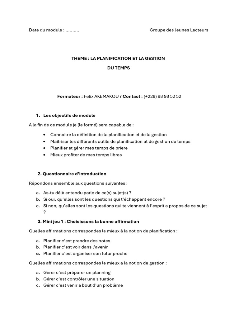 Gestion du Temps : Module de Formation | PDF | Planification