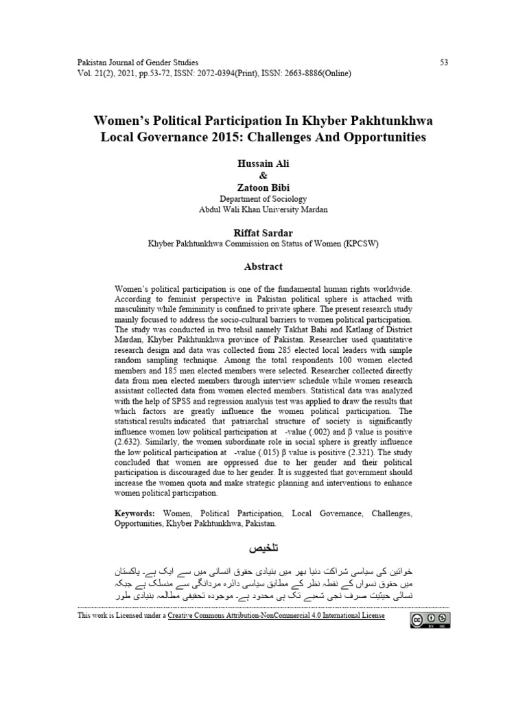 Womens Political Participation in Khyber Pakhtunkhwa Local Governance ...
