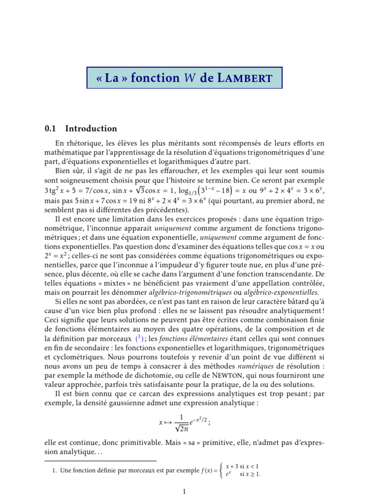 Lambert WLosanges PDF Équations Fonction exponentielle — free download