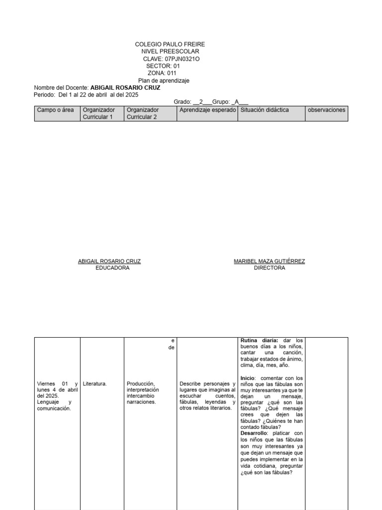 Plan de Aprendizaje Preescolar 2025 | PDF | Educación de la primera ...