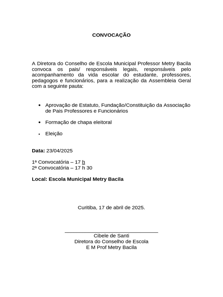 Assembleia Geral na Escola Metry Bacila | PDF