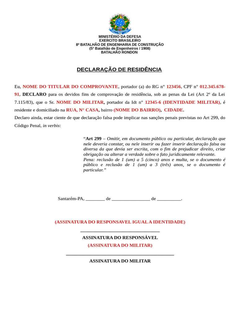 DECLARAÇÃO DE RESIDENCIA EXEMPLO | PDF