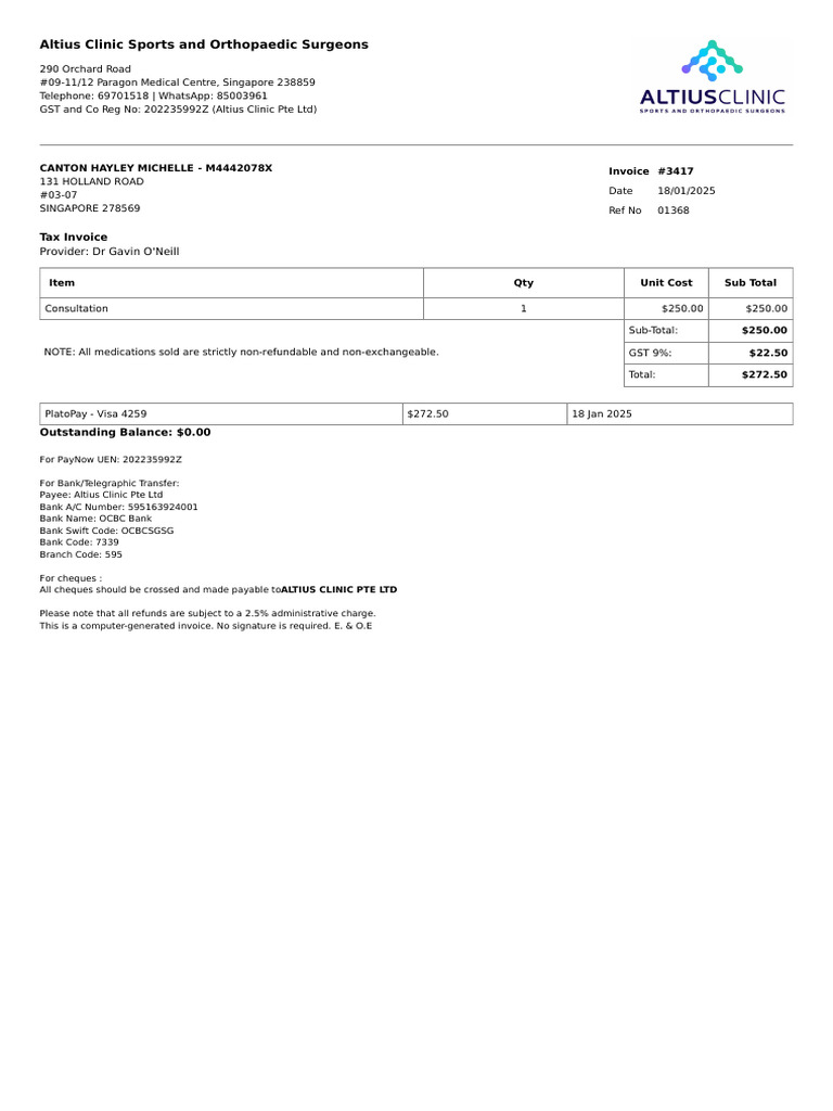 Invoice from Dr. Gavin O'Neill | PDF