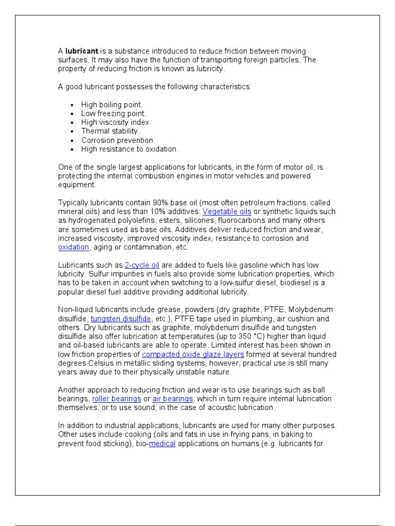 A Lubricant Is A Substance Introduced To Reduce Friction Between Moving