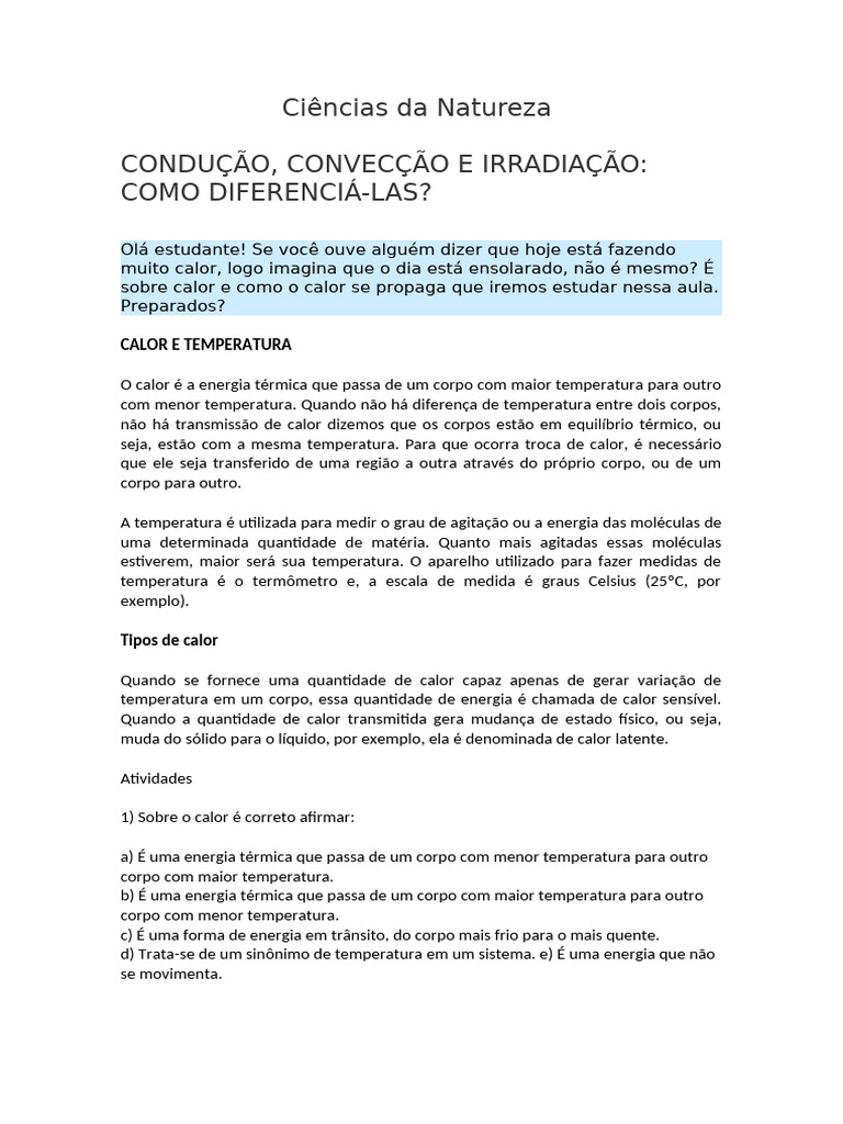 Calor e Temperatura: Conceitos e Atividades | PDF | Calor | Temperatura