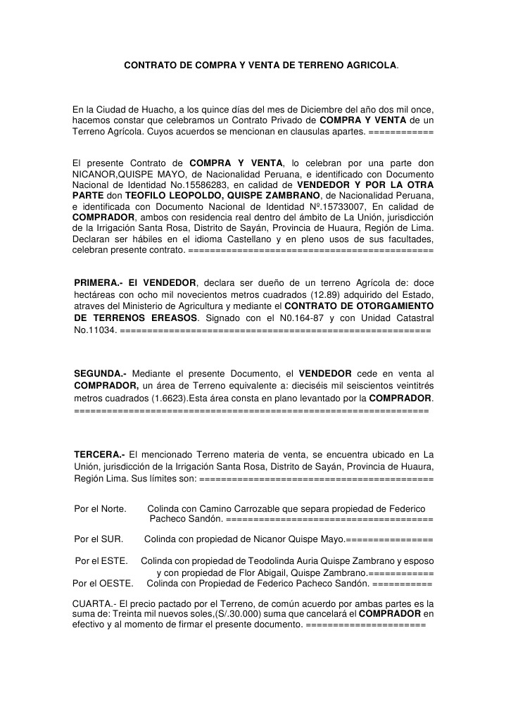 Contrato de Compra y Venta de Terreno Agricola