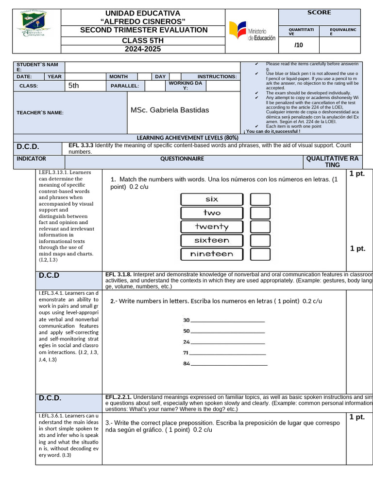 5th Grade Evaluation Guidelines 2024-2025 | PDF | Nonverbal ...
