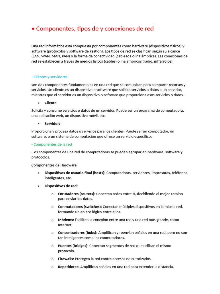 Componentes, Tipos de y Conexiones de Red | PDF | Red de computadoras ...
