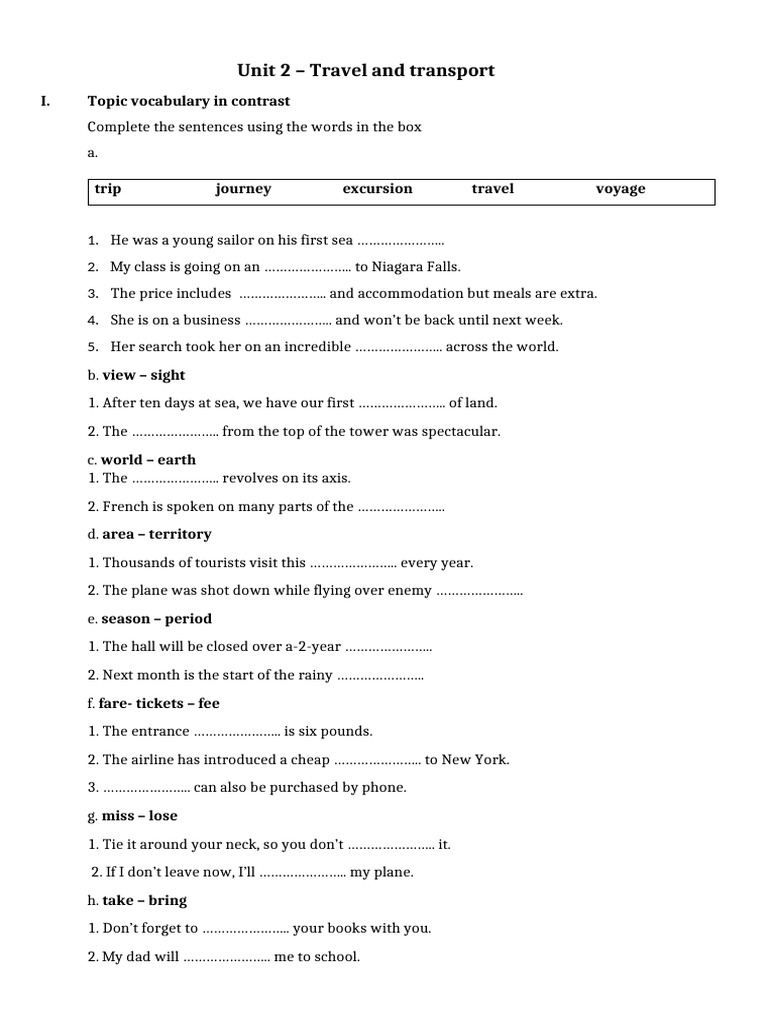 Travel and Transport Vocabulary Exercises | PDF