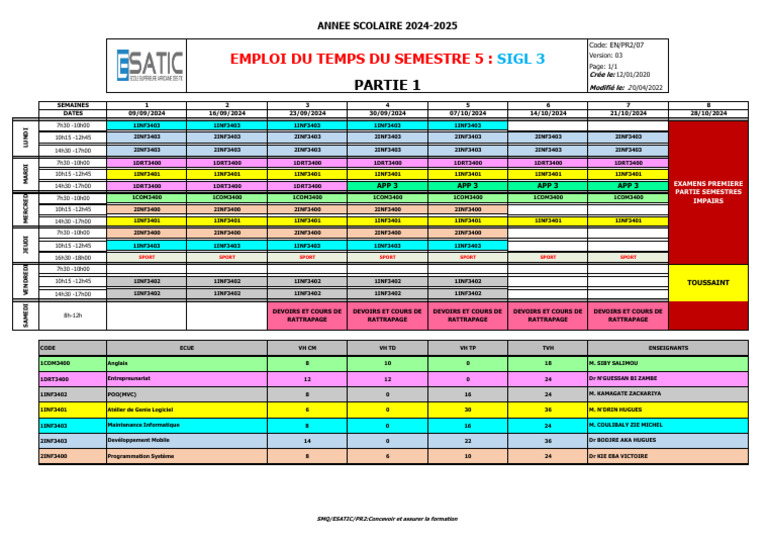 Emploi du temps 2024-2025 Semestre 5 | PDF | Informatique | Génie logiciel