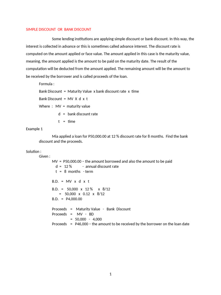Simple Discount/bank Discount | PDF | Interest | Interest Rates
