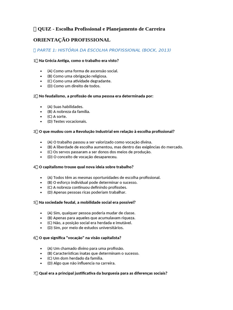 Quiz: Escolha Profissional e Carreira | PDF | Gestão de recursos ...