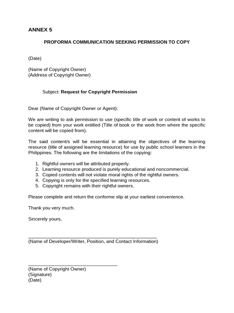 Request for Copyright Permission Template | PDF