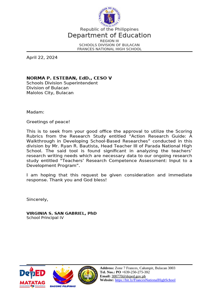 LETTER Request To Utilize The Rubric | PDF