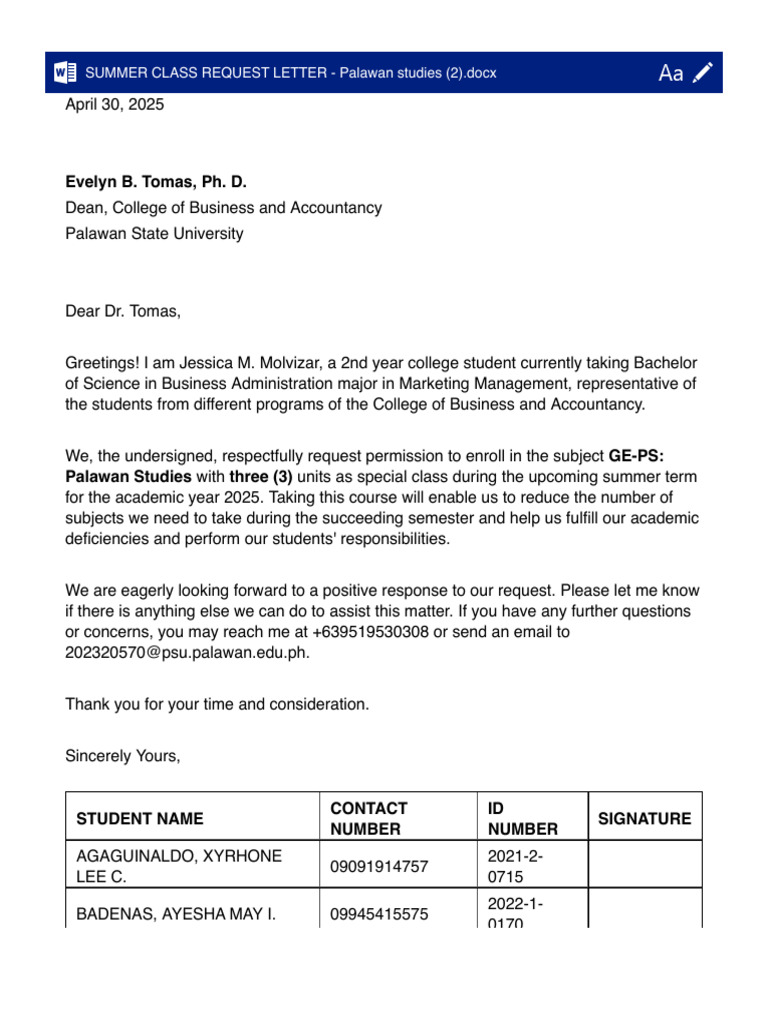 Summer Class Request for Palawan Studies | PDF