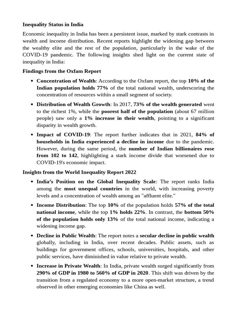 Inequality Status in India | PDF | Economic Inequality | Discrimination ...