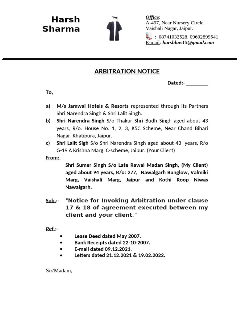 02.03.2025 - Sumer Singh Arbitartion Notice | PDF | Lease | Arbitration