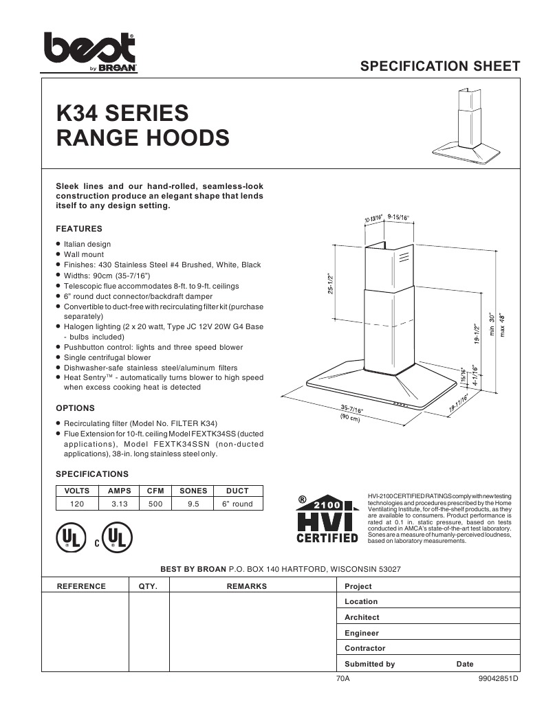 K34 Series Kitchen Hood Specifications | PDF | Home & Garden