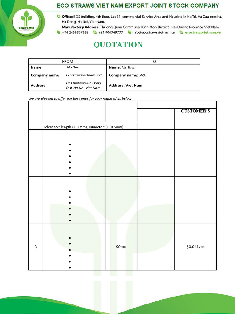 Eco-Friendly Straw Pricing Quote | PDF