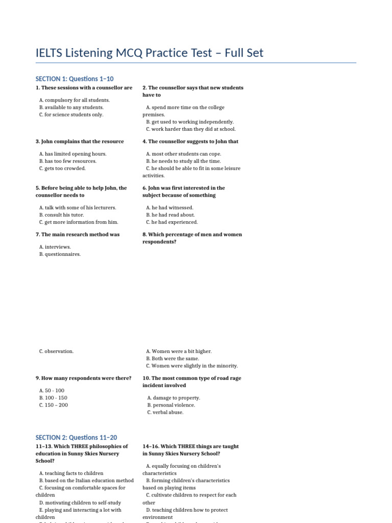 IELTS Listening MCQ Practice Test | PDF | Travel Visa | Outsourcing