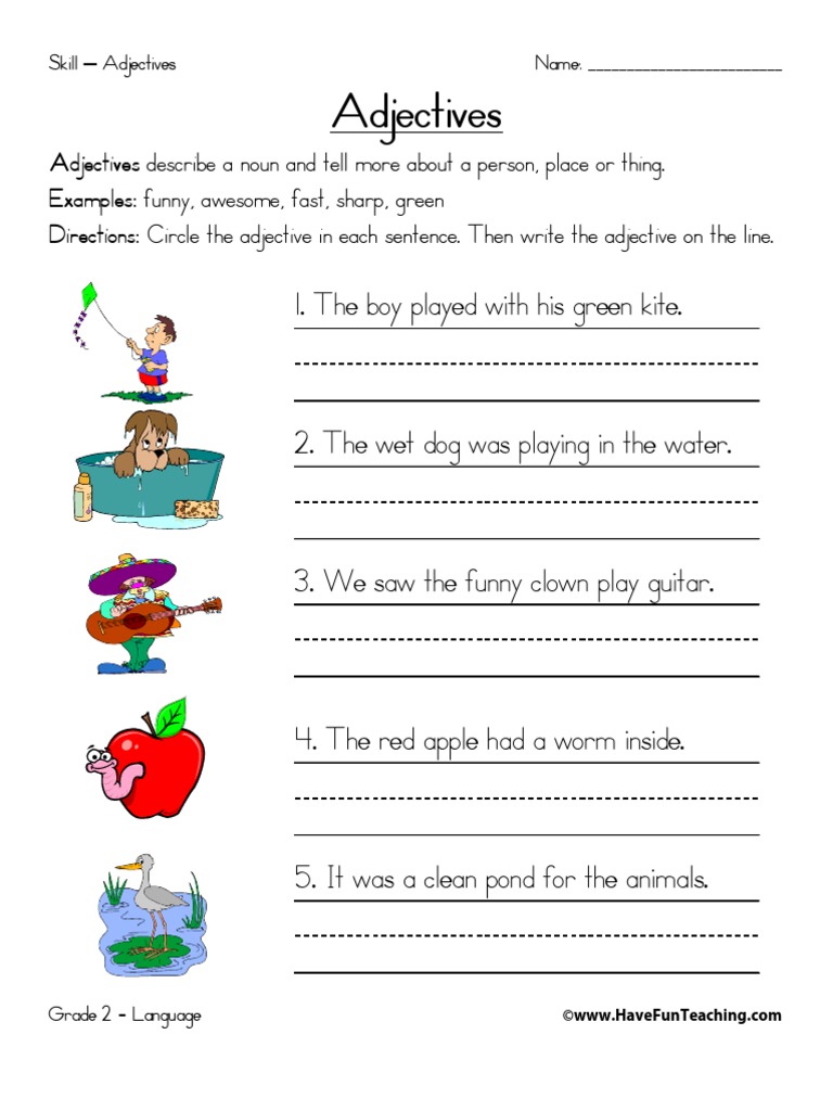 Adjectives Worksheet Writing And Circling Part 1 Answers Free Using Adjectives Worksheets
