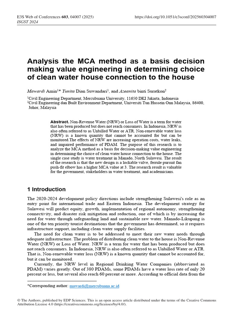 MCA Method for Clean Water Connections | PDF | Water | Decision Making