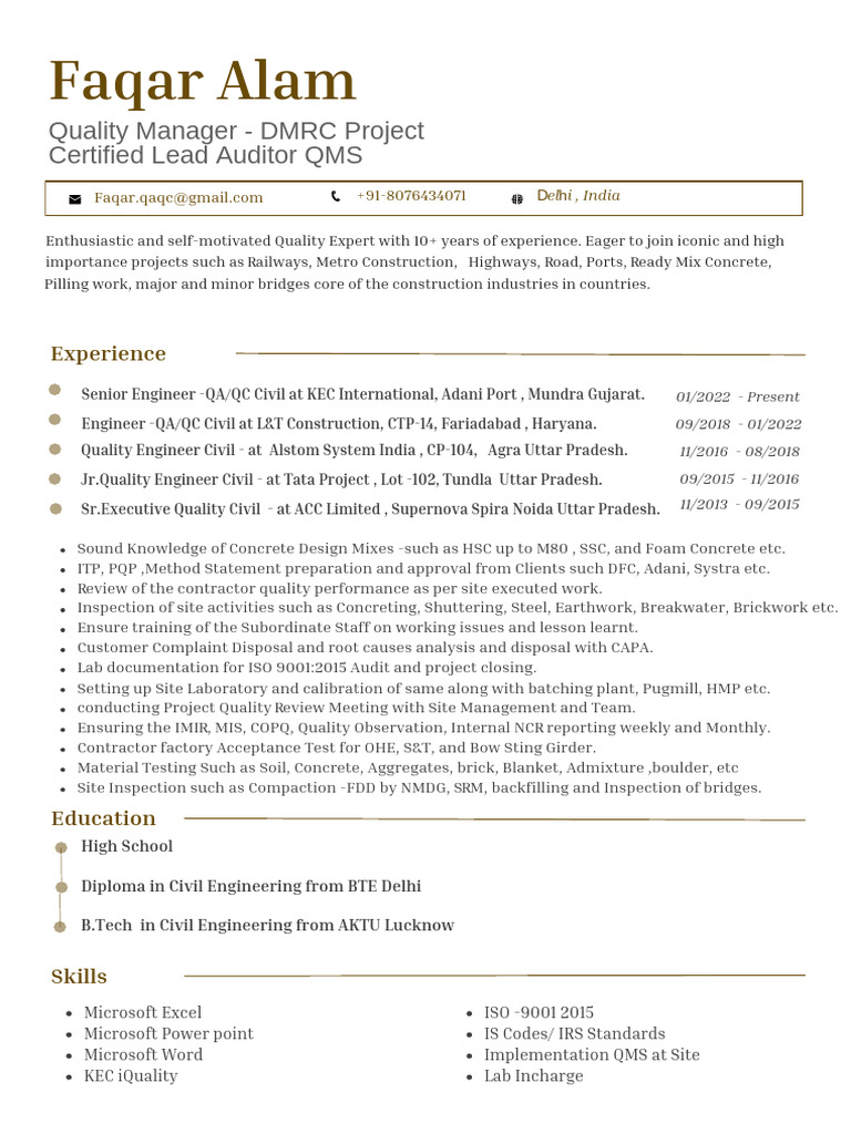 CV - Faqar Alam Lead Auditor QMS | PDF | Concrete