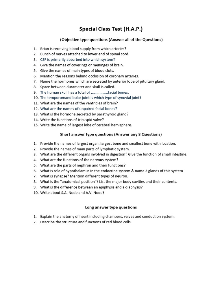 Anatomy Test Questions for Students | PDF