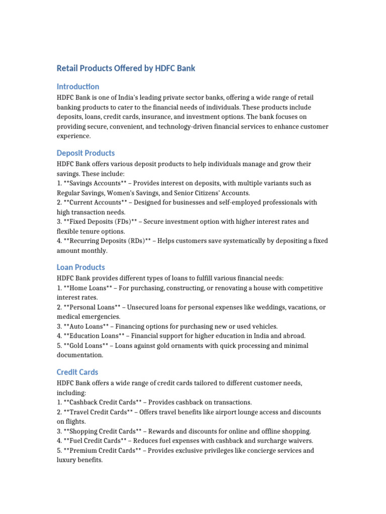 HDFC Bank Retail Banking Products Overview | PDF | Banks | Credit Card