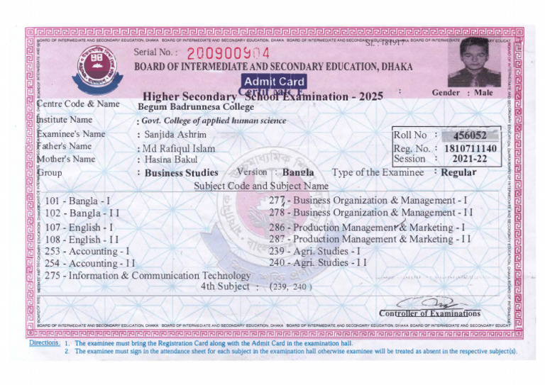 HSC Admit Card 2025 Guidelines | PDF | Bangladesh