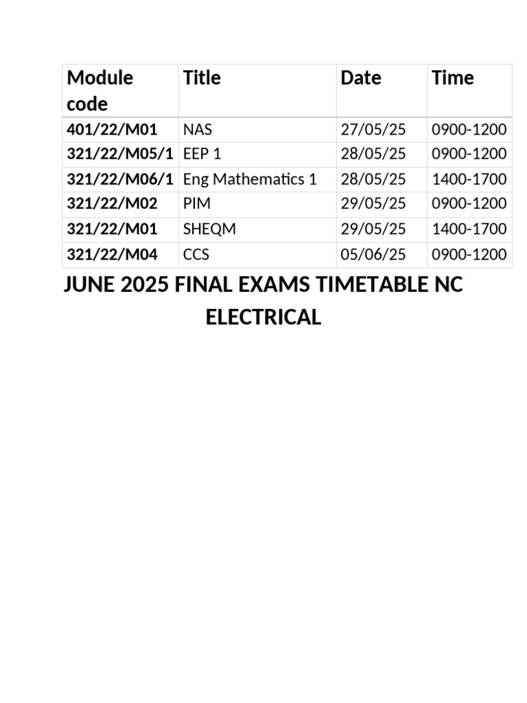 June 2025 Electrical Exam Schedule | PDF
